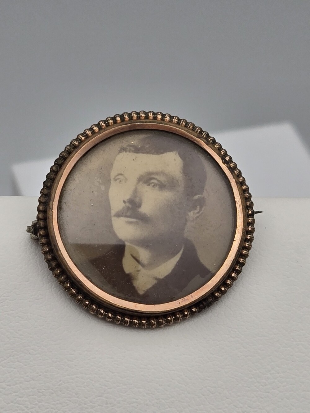 Antique Victorian Mourning Brooch Sepia Gentleman Portrait Photo Pin 1”
